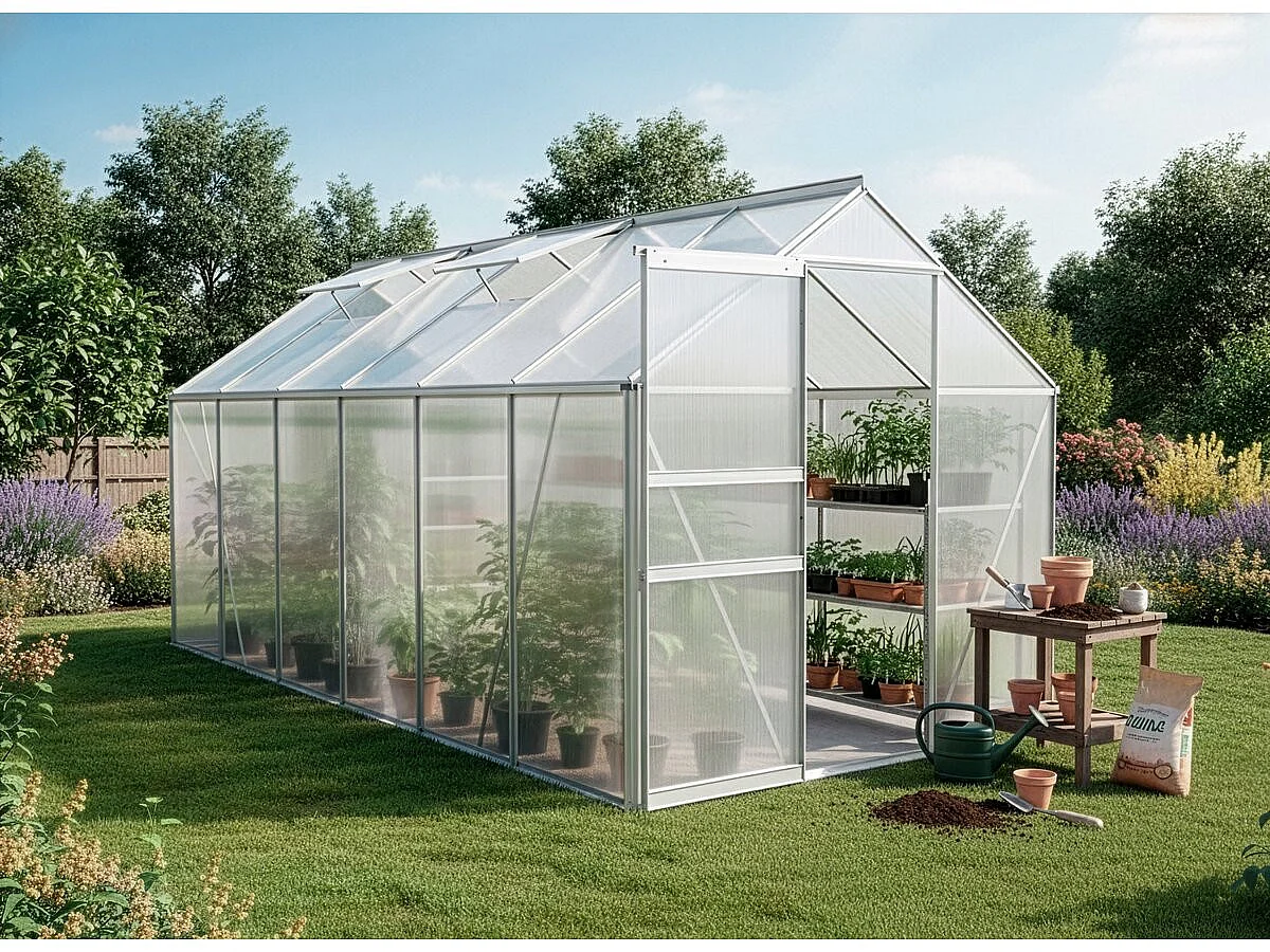 Embase en aluminium pour serre jardin "Basilic" - 7,03 m² - Gris