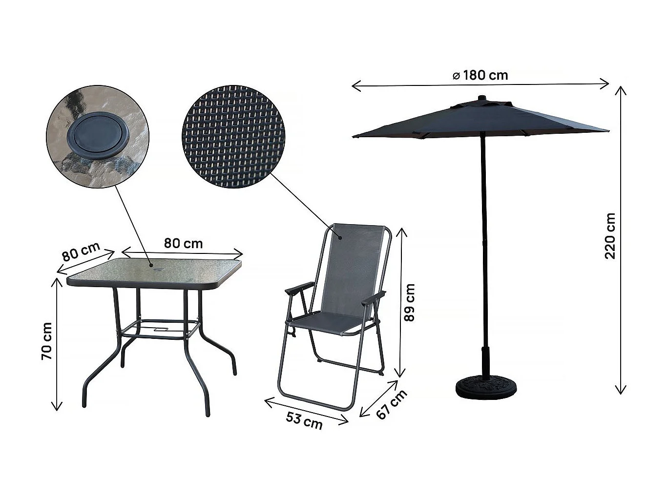 Salon de jardin repas avec parasol en métal "Convivia" - 4 places - Gris anthracite