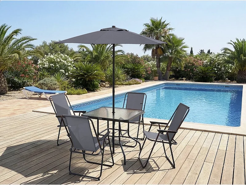 Salon de jardin repas avec parasol en métal "Convivia" - 4 places - Gris anthracite