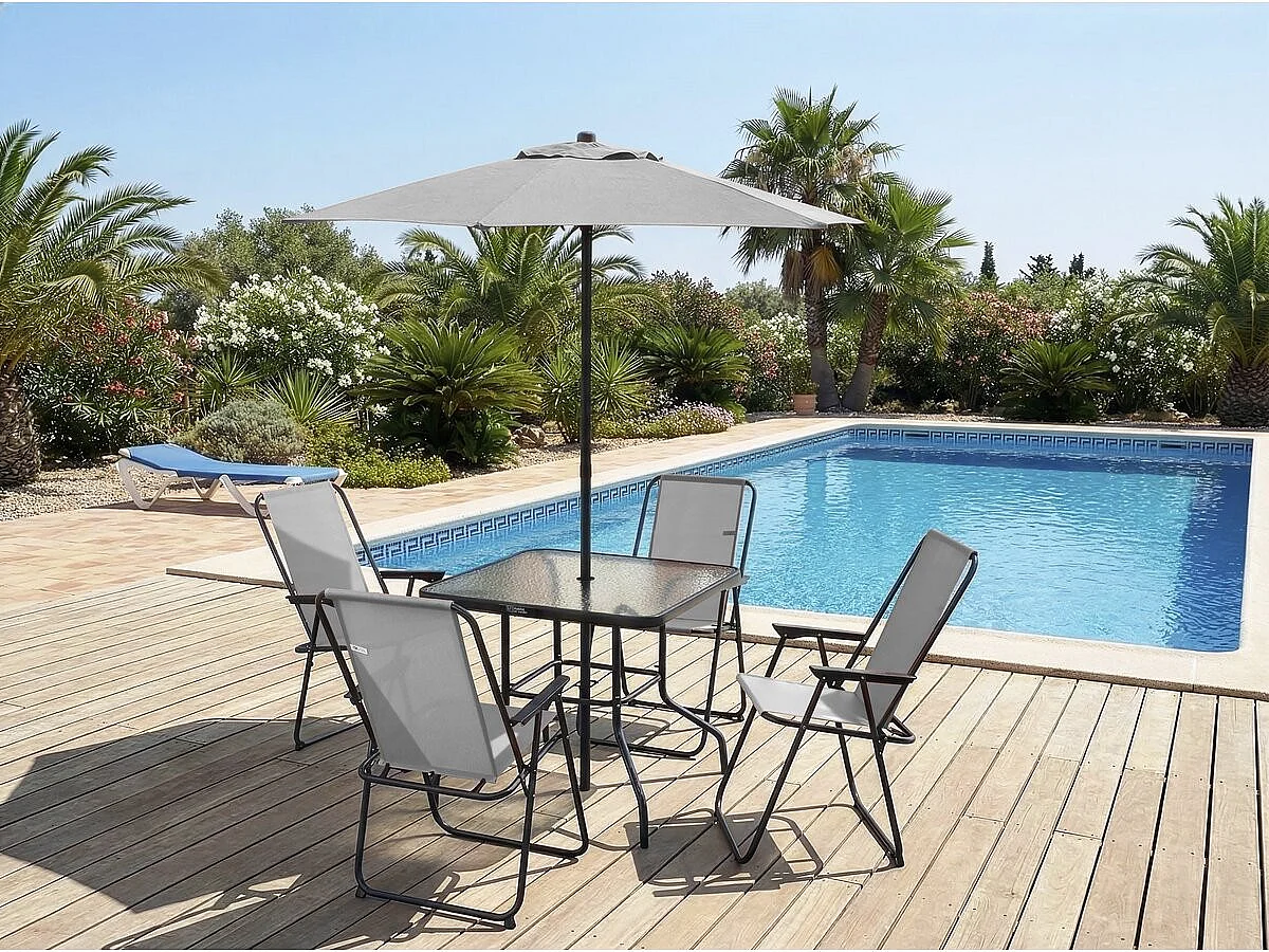 Salon de jardin repas avec parasol en métal "Convivia" - 4 places - Gris clair