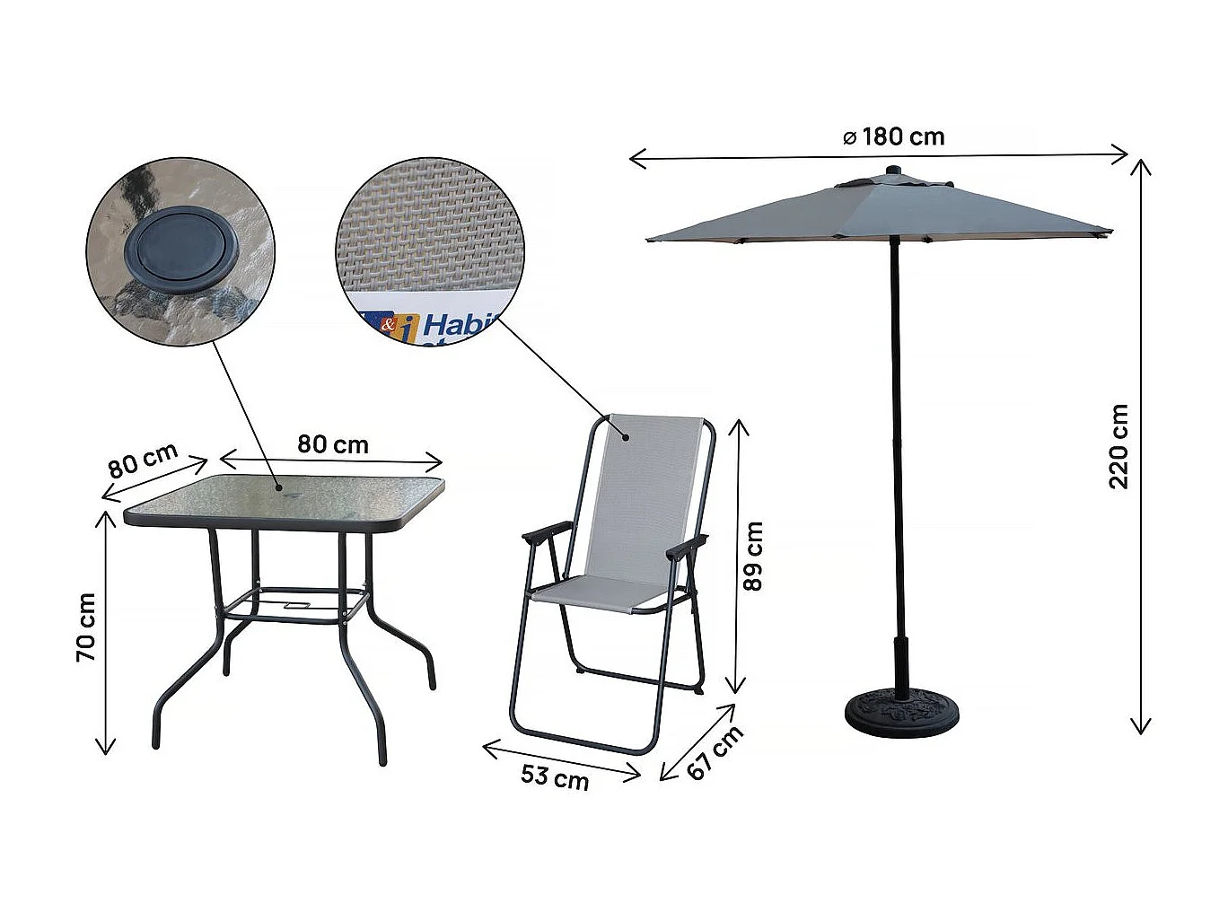 Salon de jardin repas avec parasol en métal "Convivia" - 4 places - Gris clair