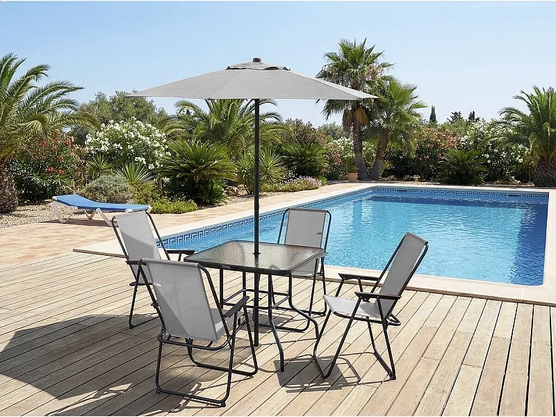 Convivia" dining tuinset met metalen parasol - 4 zits - Lichtgrijs