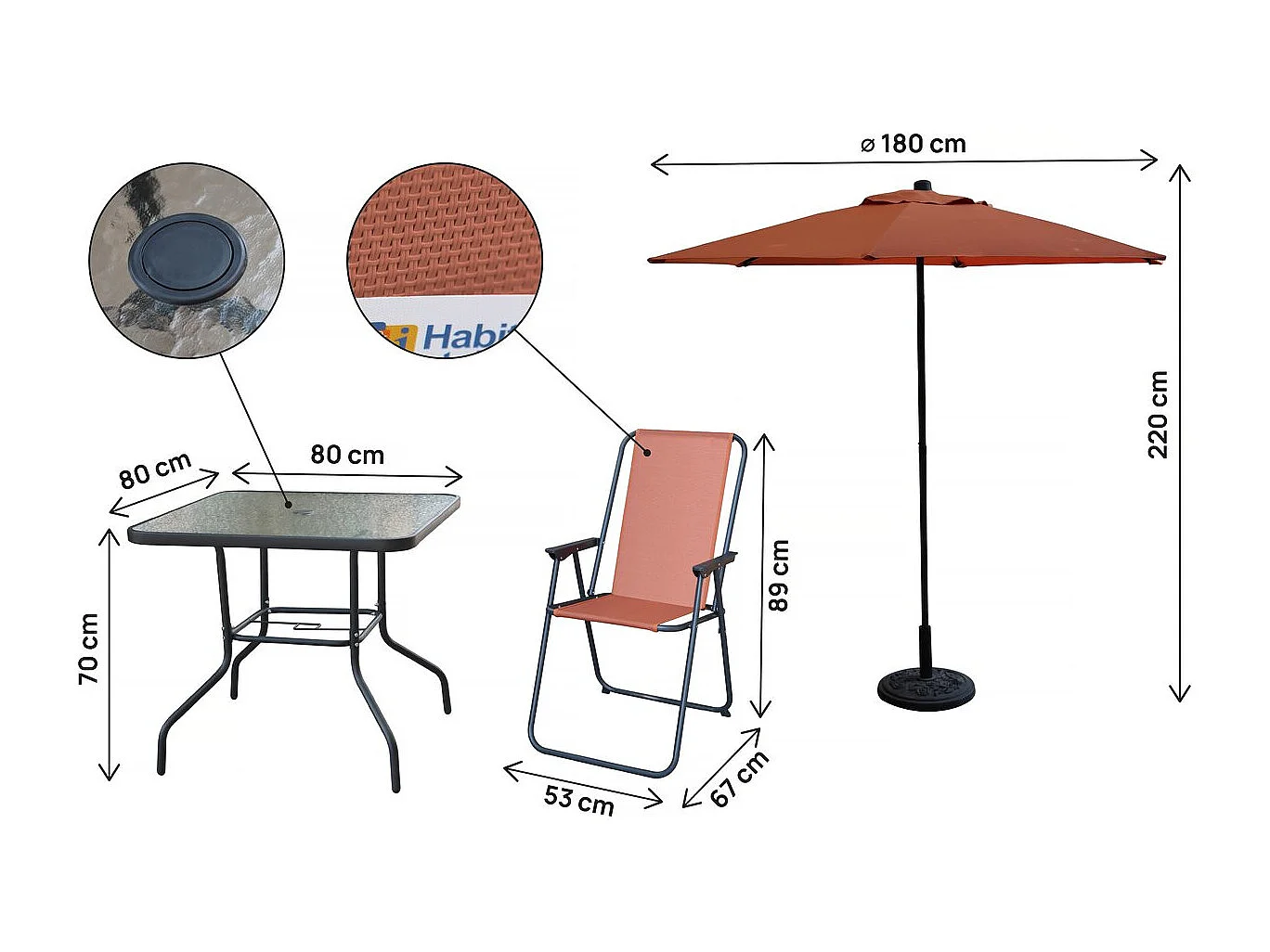 Set di mobili da giardino "Convivia" con ombrellone in metallo - 4 posti - Terracotta