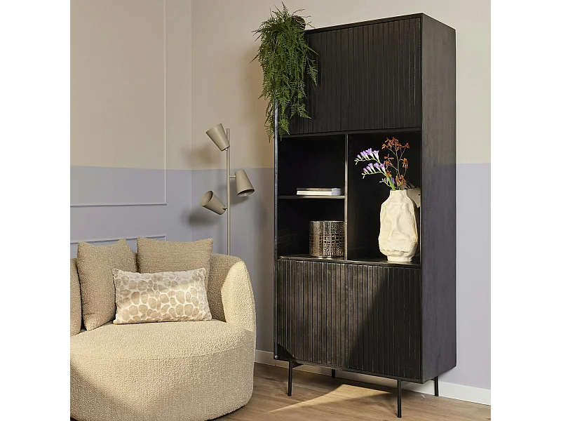 Bibliothèque étagère bois noir 4 portes rainurées CORTINA