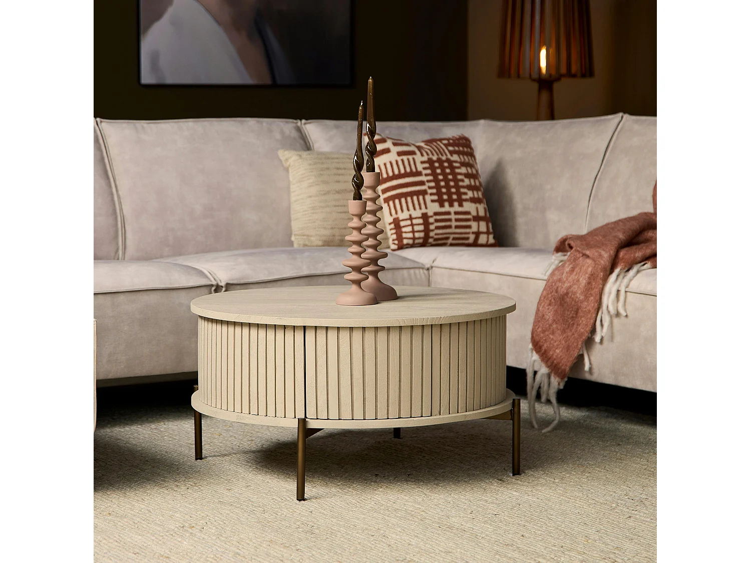 Table basse ronde bois sable 2 tiroirs rainurés CORTINA
