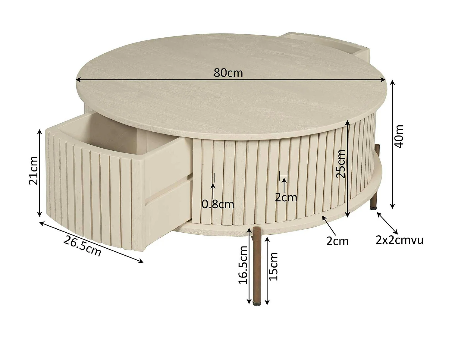 Table basse ronde bois sable 2 tiroirs rainurés CORTINA