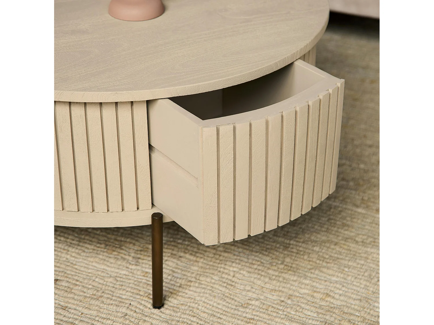 Table basse ronde bois sable 2 tiroirs rainurés CORTINA