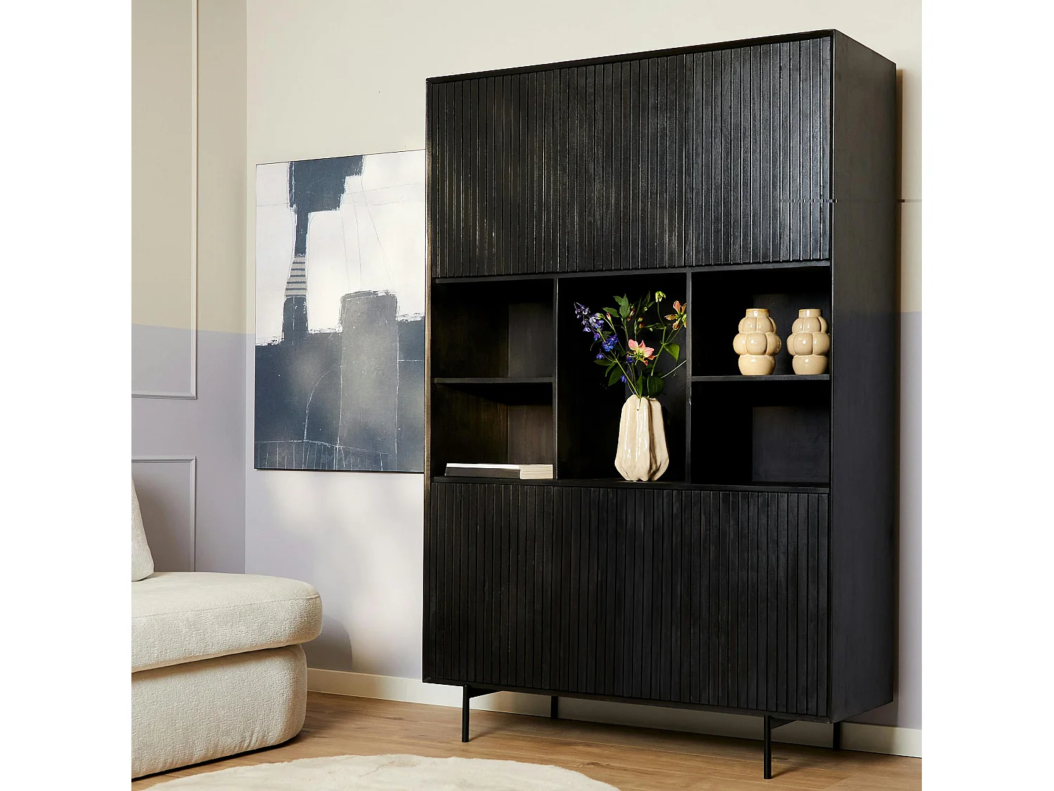 Bibliothèque étagère bois noir 6 portes rainurées CORTINA