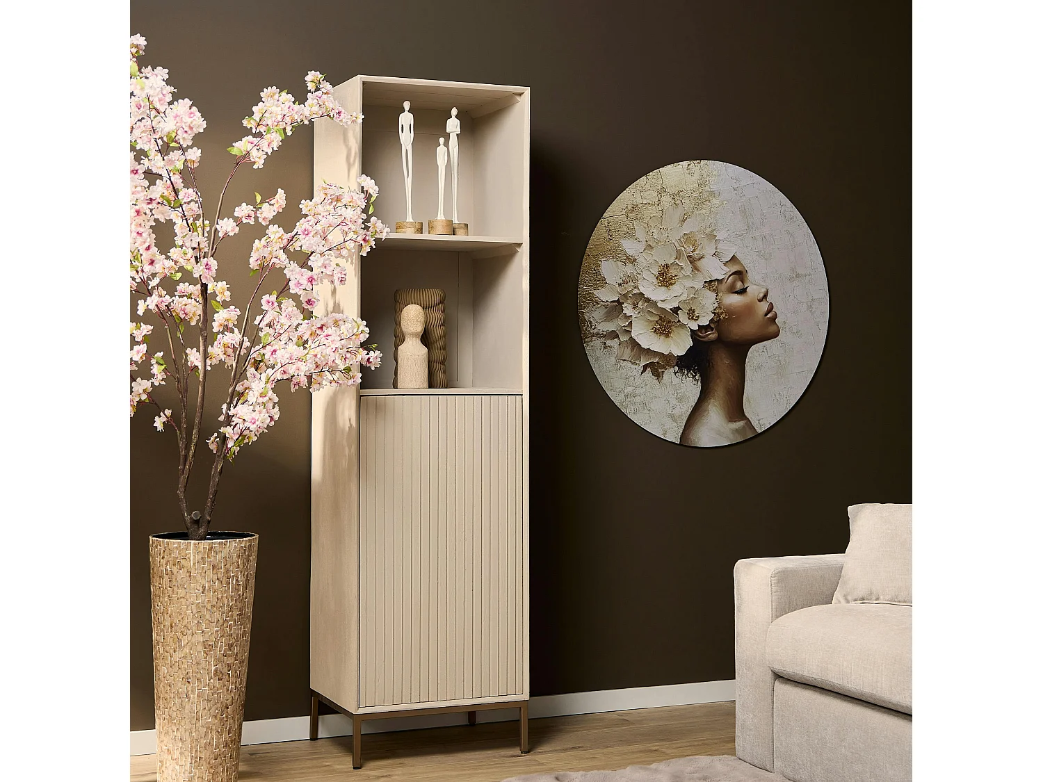 Colonne salon bois beige 1 porte rainurée CORTINA