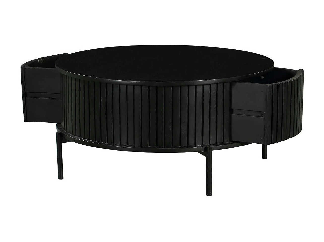 Table basse ronde noire en bois rainuré 2 tiroirs CORTINA