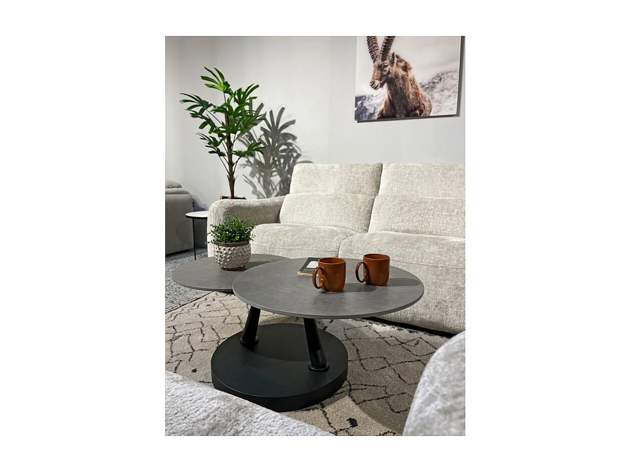 Table basse rotative 2 plateaux ronds céramique gris pied noir – ALLEGRA