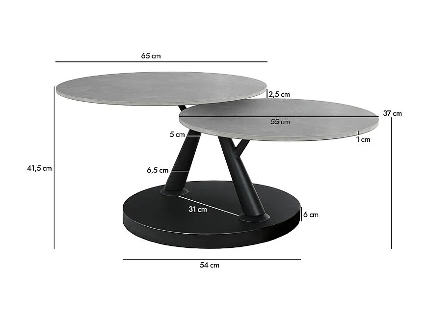 Table basse rotative 2 plateaux ronds céramique gris pied noir – ALLEGRA
