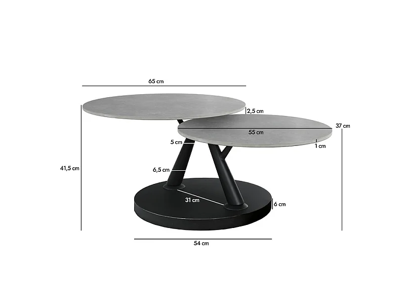 Table basse rotative 2 plateaux ronds céramique gris pied noir – ALLEGRA
