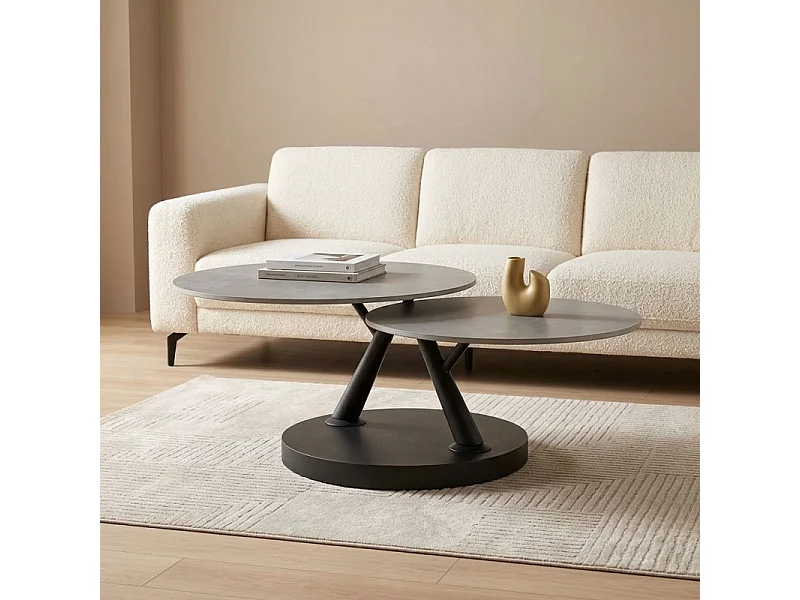 Table basse rotative 2 plateaux ronds céramique gris pied noir – ALLEGRA