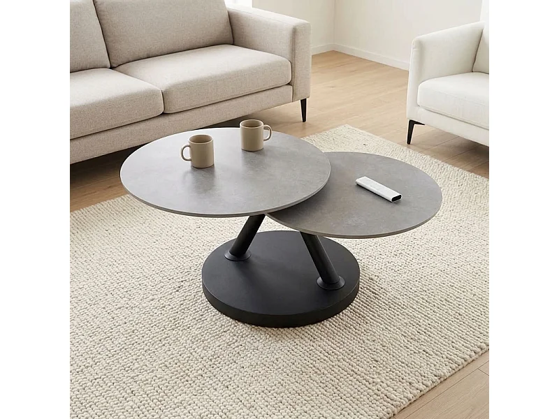 Table basse rotative 2 plateaux ronds céramique gris pied noir – ALLEGRA
