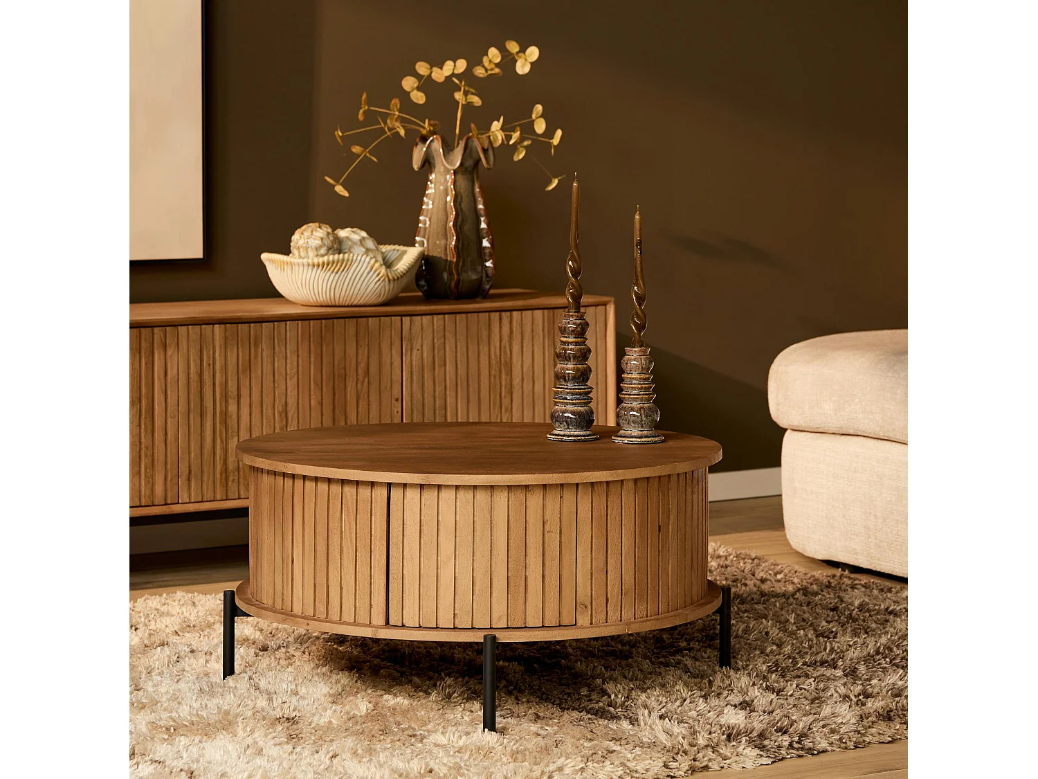 Table basse ronde en bois 2 tiroirs rainurés CORTINA