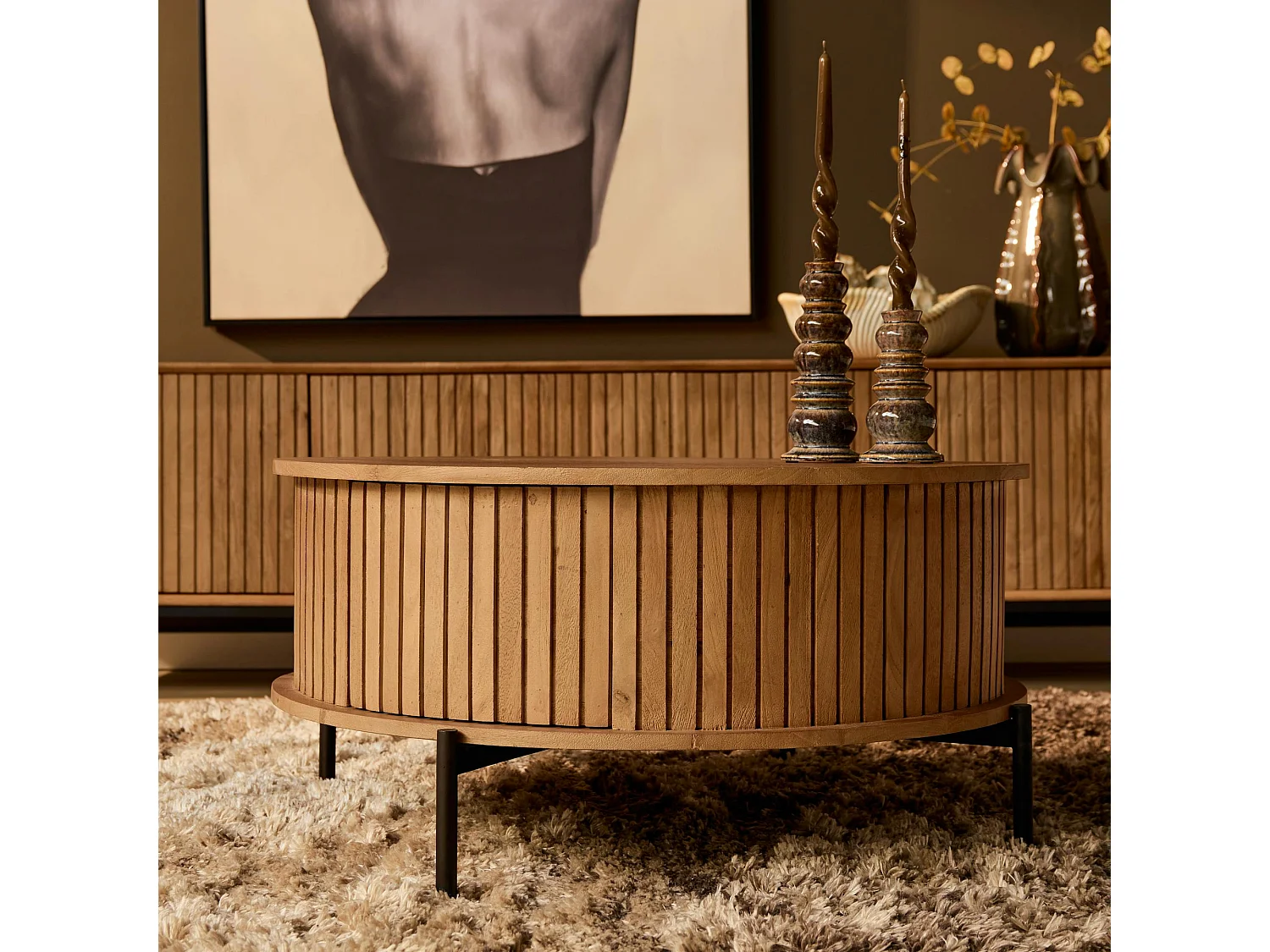 Table basse ronde en bois 2 tiroirs rainurés CORTINA