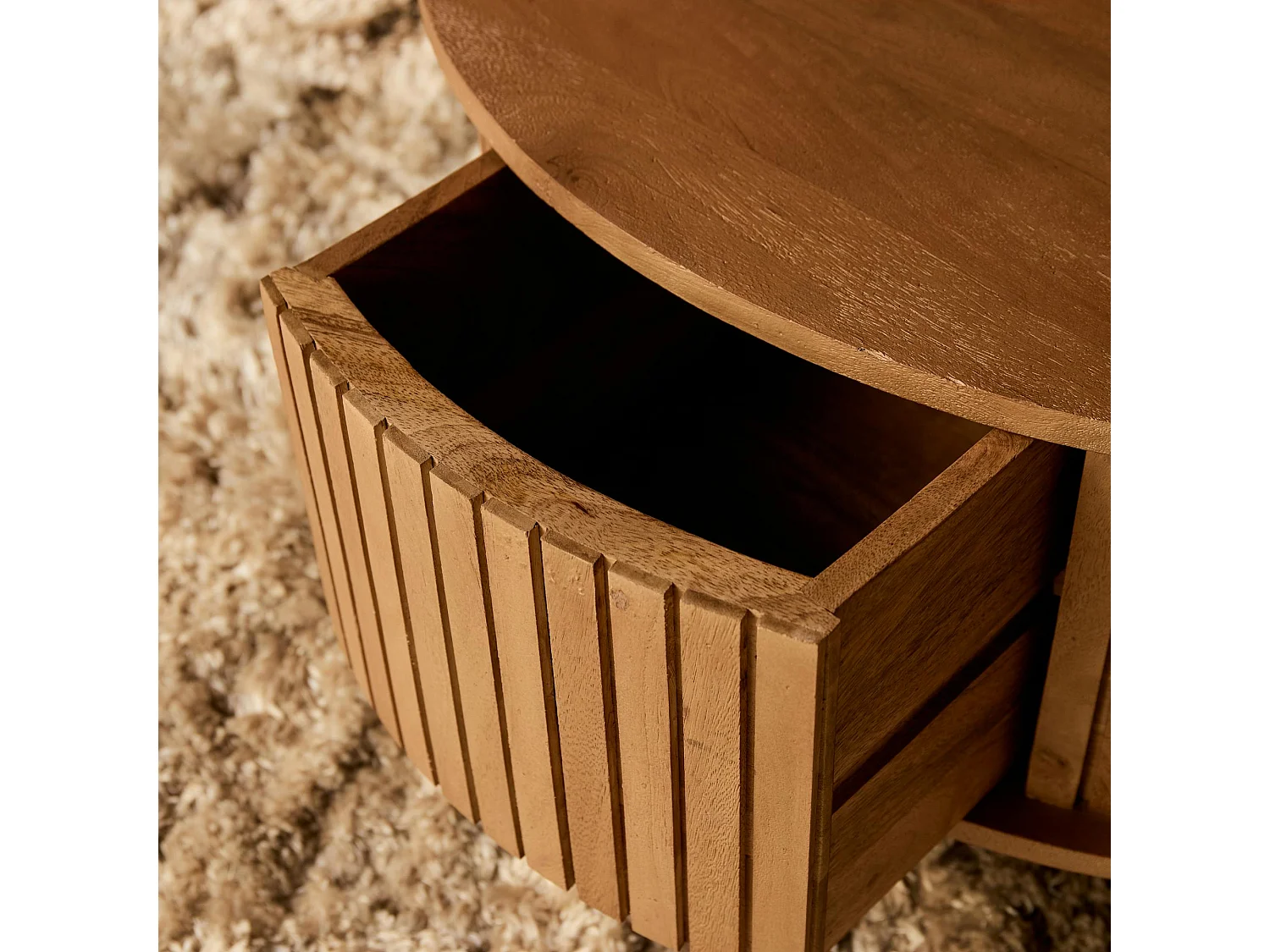 Table basse ronde en bois 2 tiroirs rainurés CORTINA