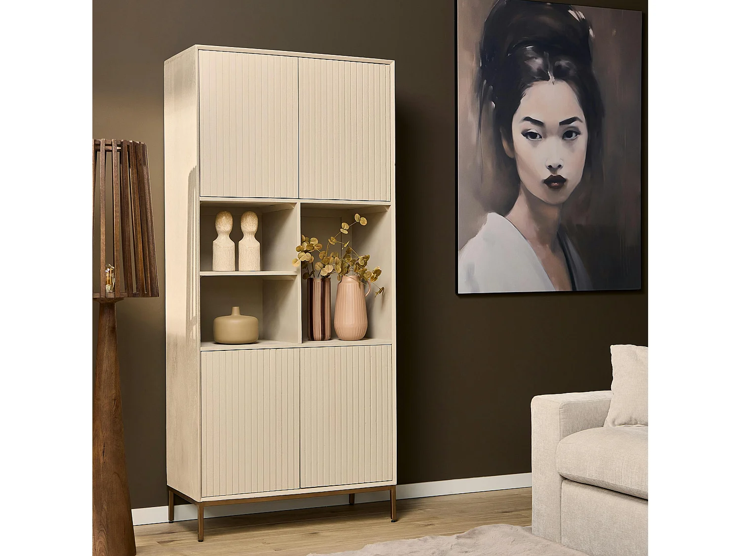 Bibliothèque étagère bois sable 4 portes rainurées CORTINA