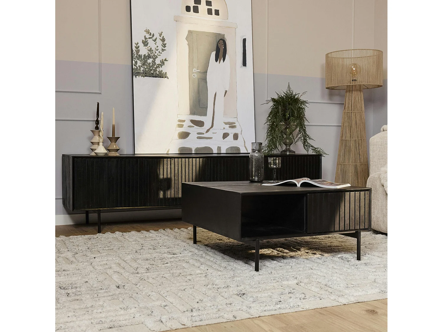 Table basse noire carrée en bois rainuré 2 tiroirs CORTINA