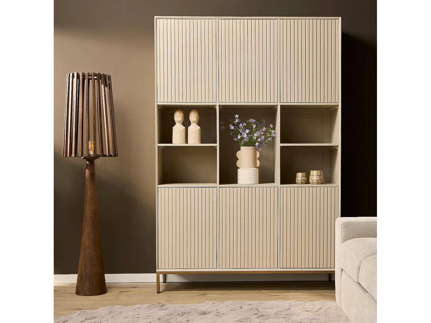 Bibliothèque étagère bois sable 6 portes rainurées CORTINA