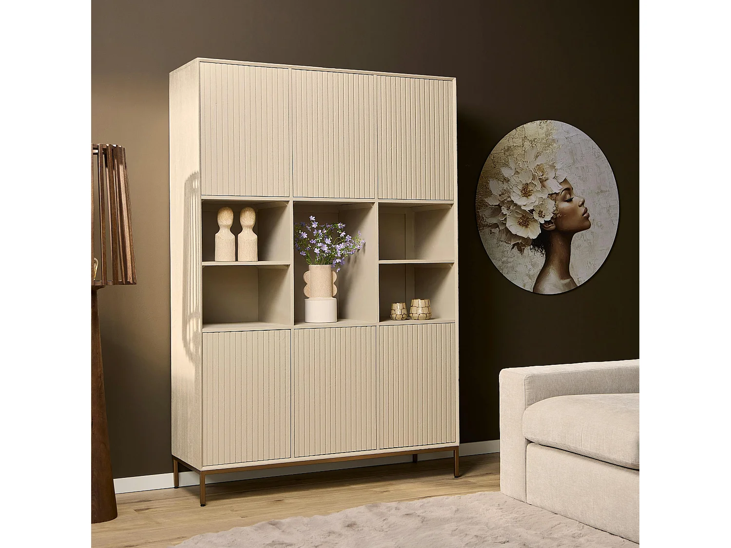Bibliothèque étagère bois sable 6 portes rainurées CORTINA