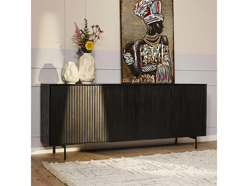 Buffet bois noir 4 portes rainurées 210 cm CORTINA