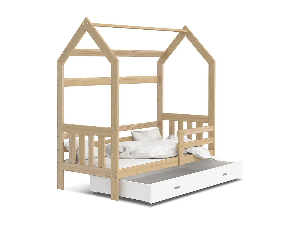 Lit cabane Plus  80 x160 cm avec sommier , matelas et tiroir Pin - Blanc