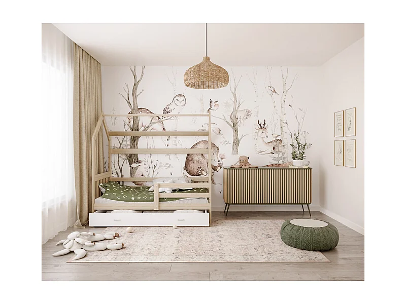 Lit cabane Plus  80 x160 cm avec sommier , matelas et tiroir Pin - Blanc