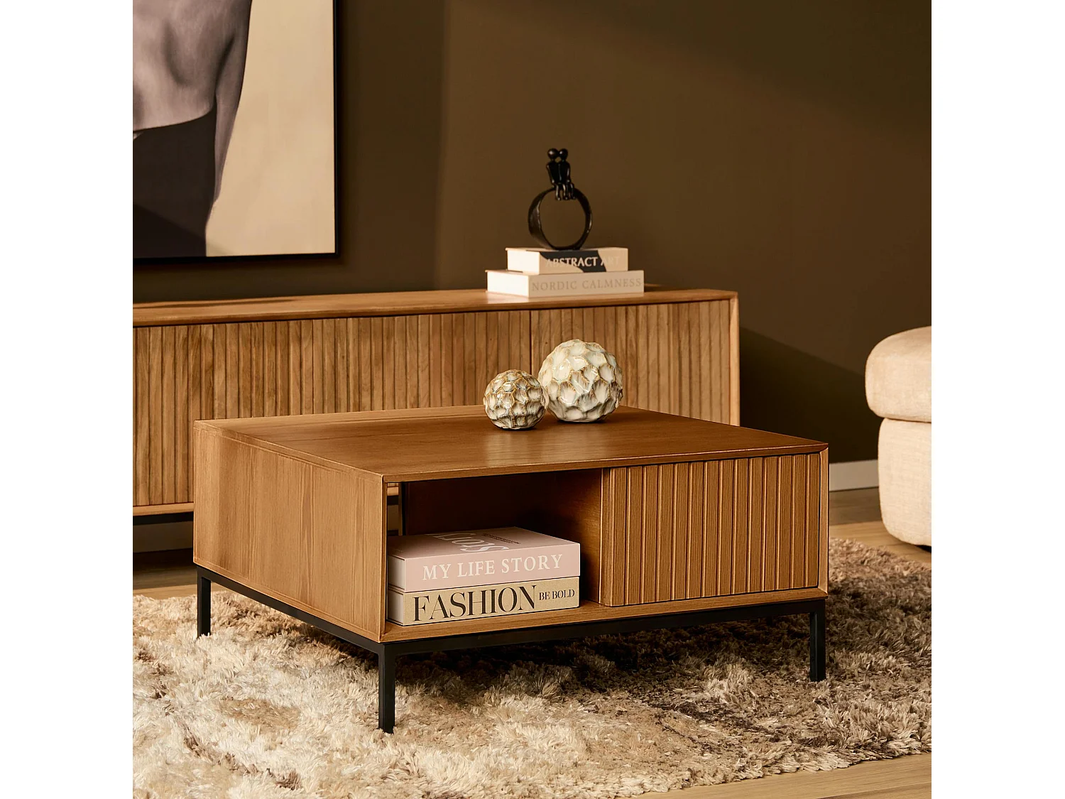 Table basse carrée en bois 2 tiroirs CORTINA