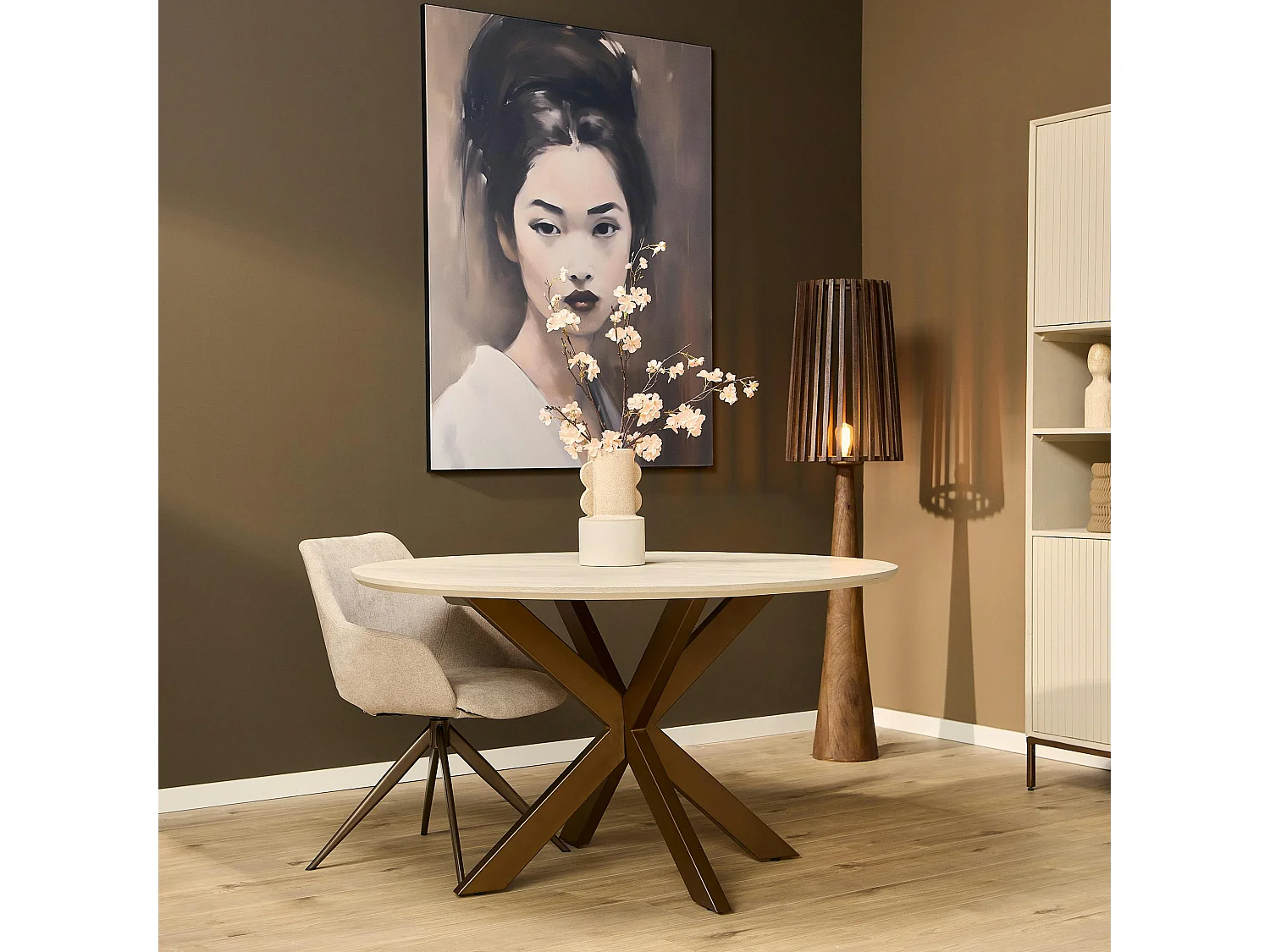 Table à manger ronde bois beige pied bronze Ø110 cm CORTINA