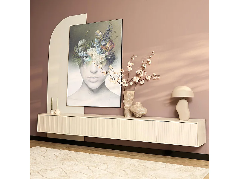 Meuble TV suspendu bois sable 5 portes rainurées CORTINA