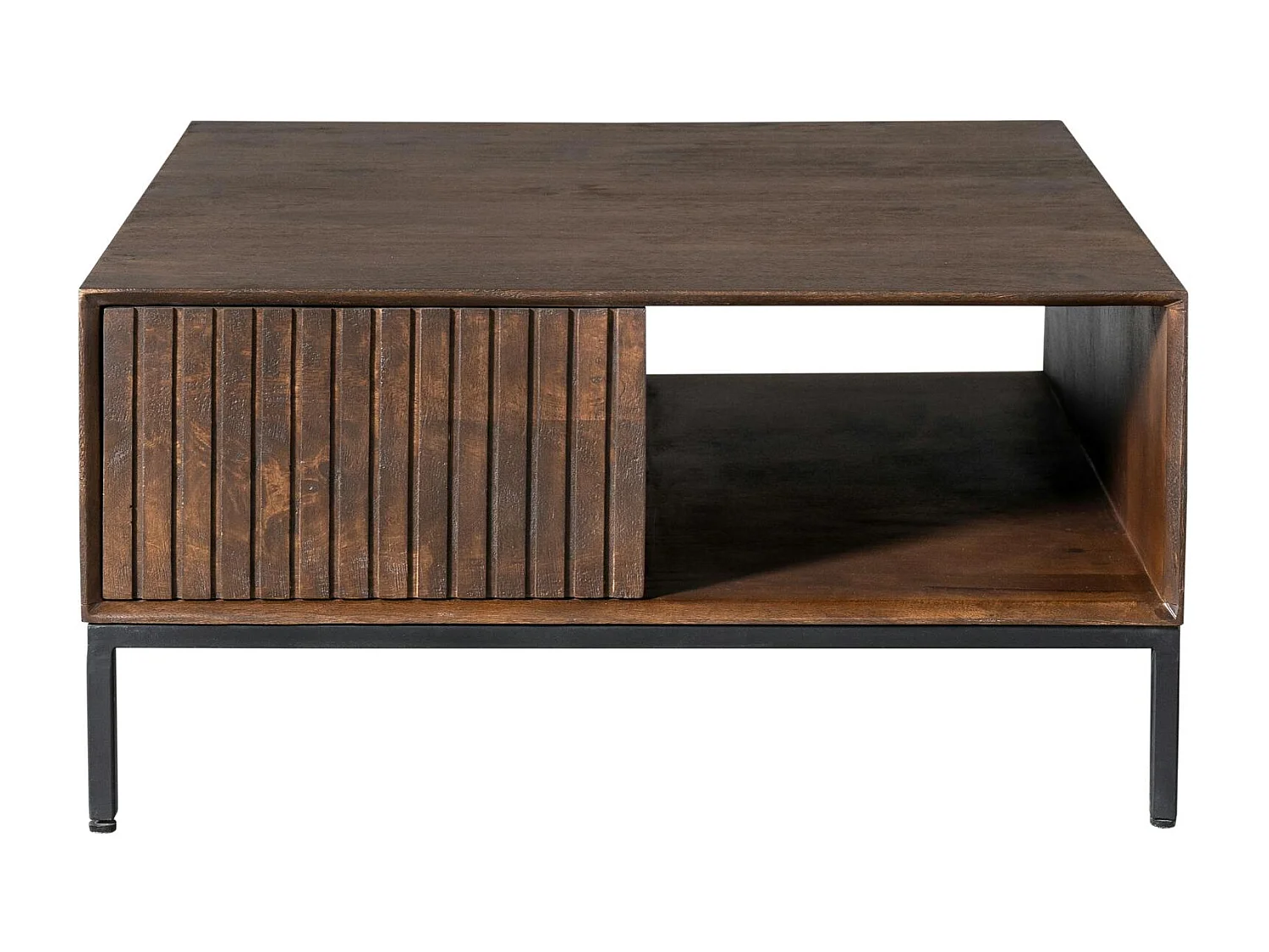 Table basse carrée vintage 2 tiroirs rainurés CORTINA