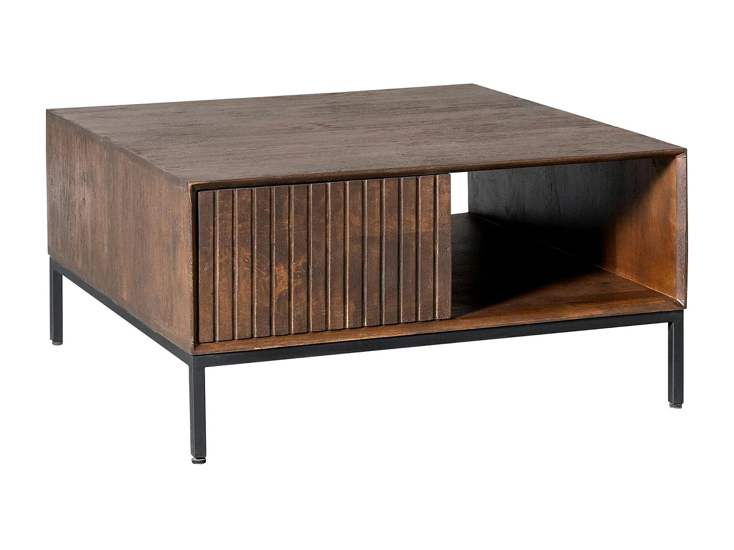 Table basse carrée vintage 2 tiroirs rainurés CORTINA