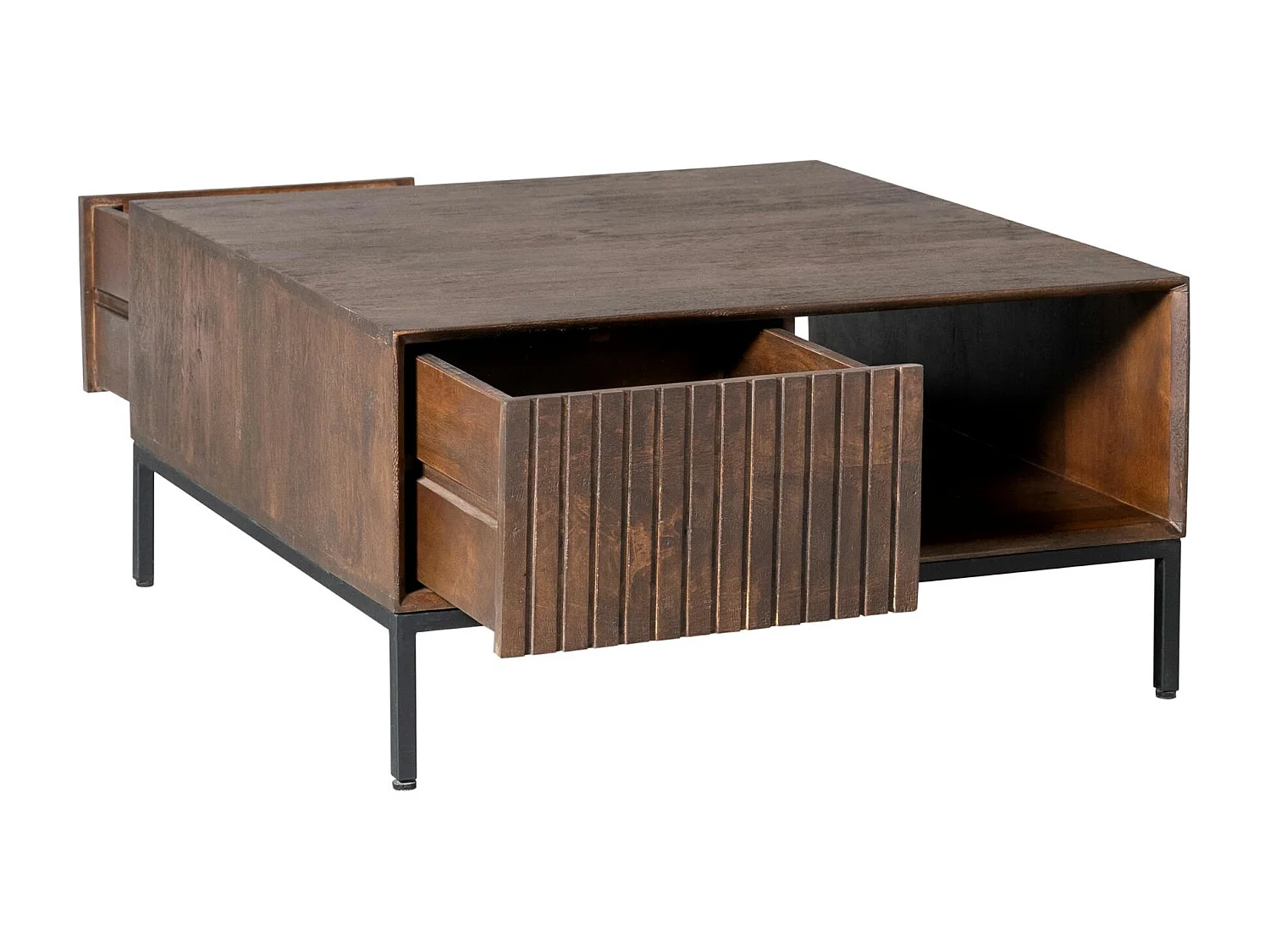 Table basse carrée vintage 2 tiroirs rainurés CORTINA