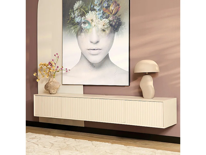 Meuble TV suspendu bois sable 4 portes rainurées CORTINA