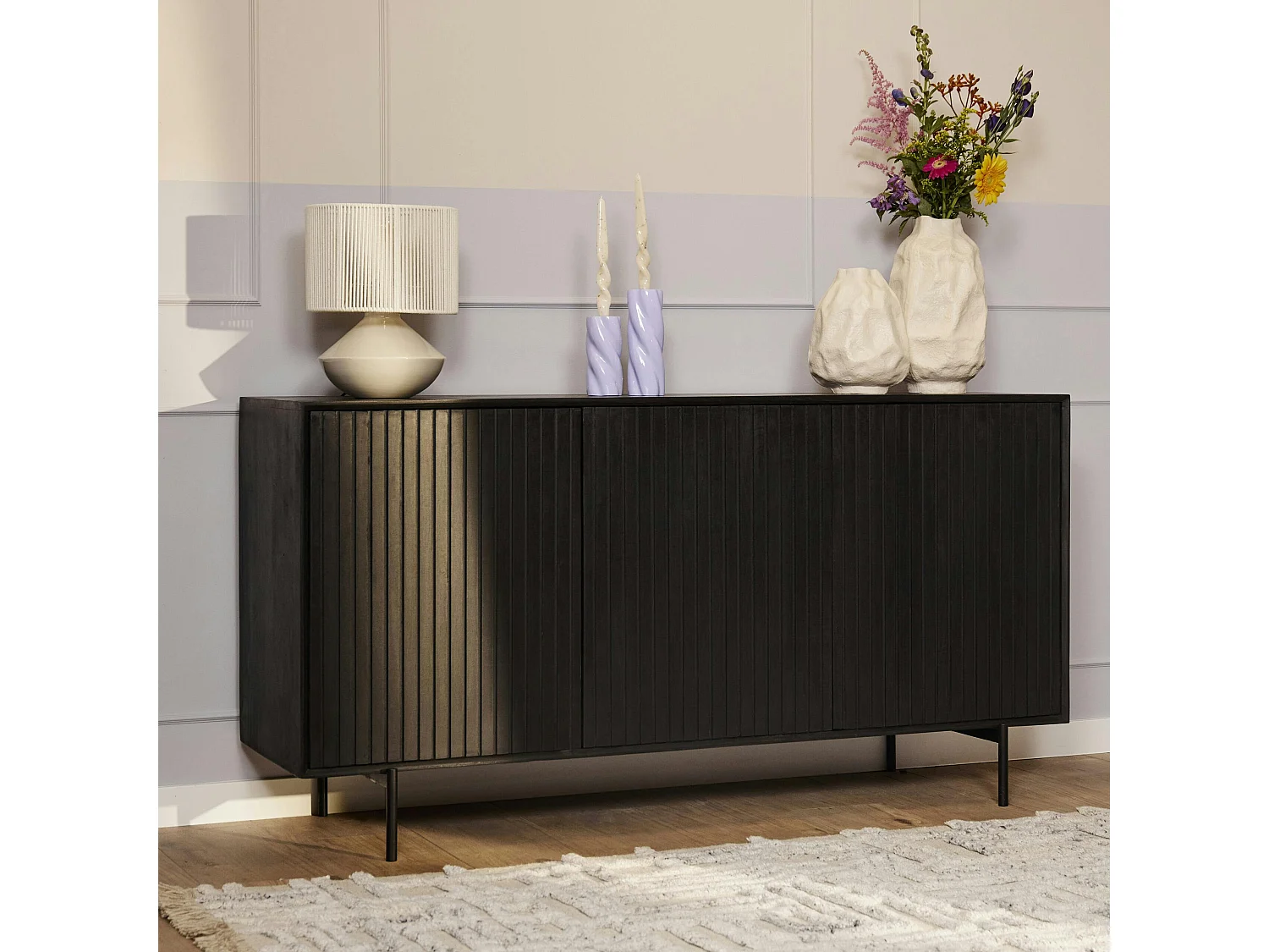 Buffet bois noir 3 portes rainurées 165 cm CORTINA