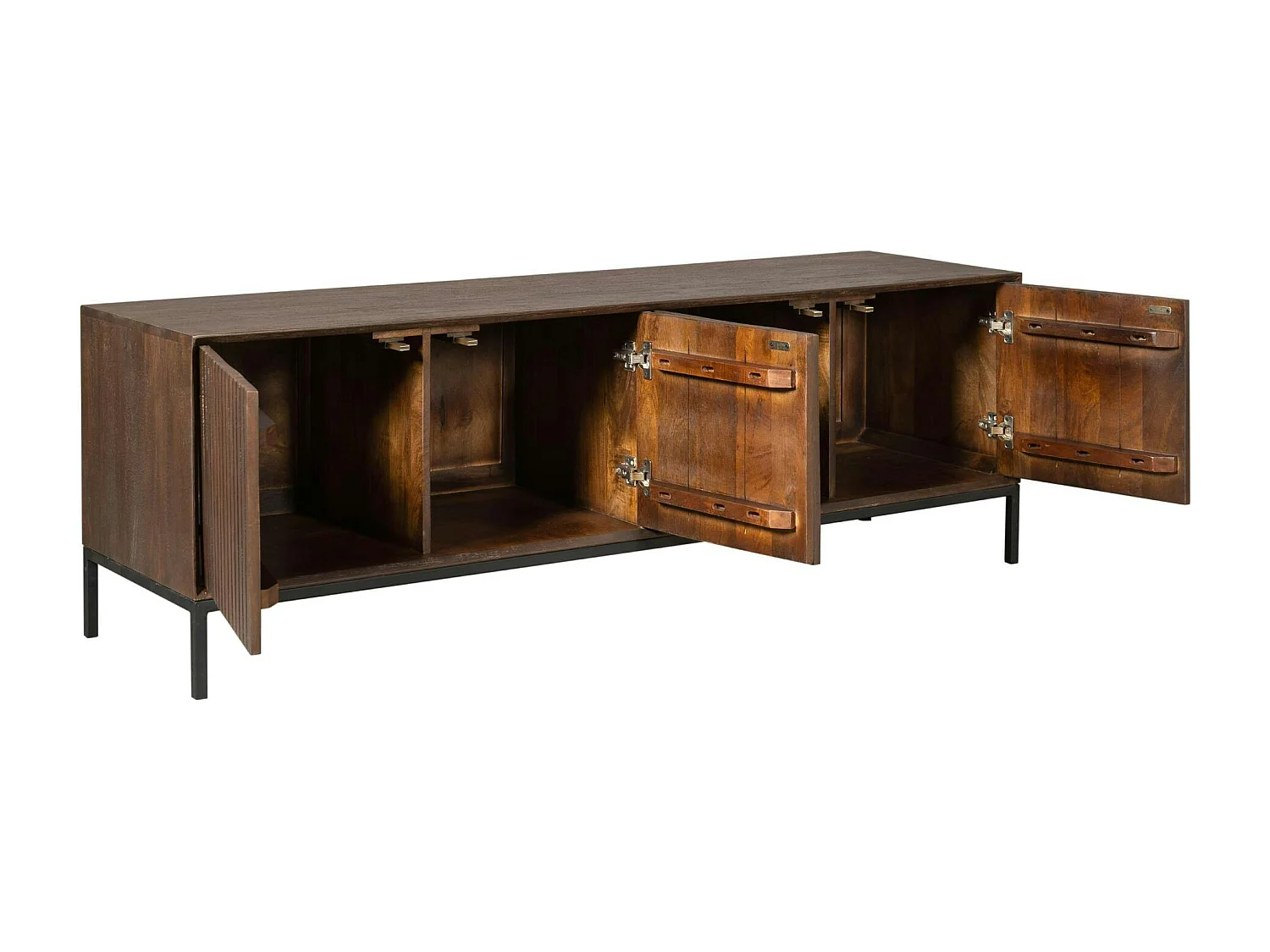 Meuble TV vintage bois brun 4 portes rainurées 165 cm CORTINA