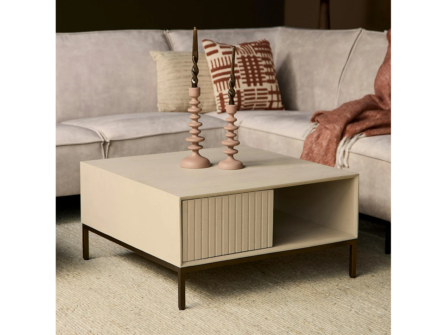 Table basse carrée en bois beige 2 tiroirs CORTINA