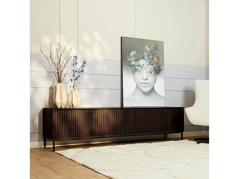 Meuble TV vintage bois brun 4 portes rainurées 210 cm CORTINA