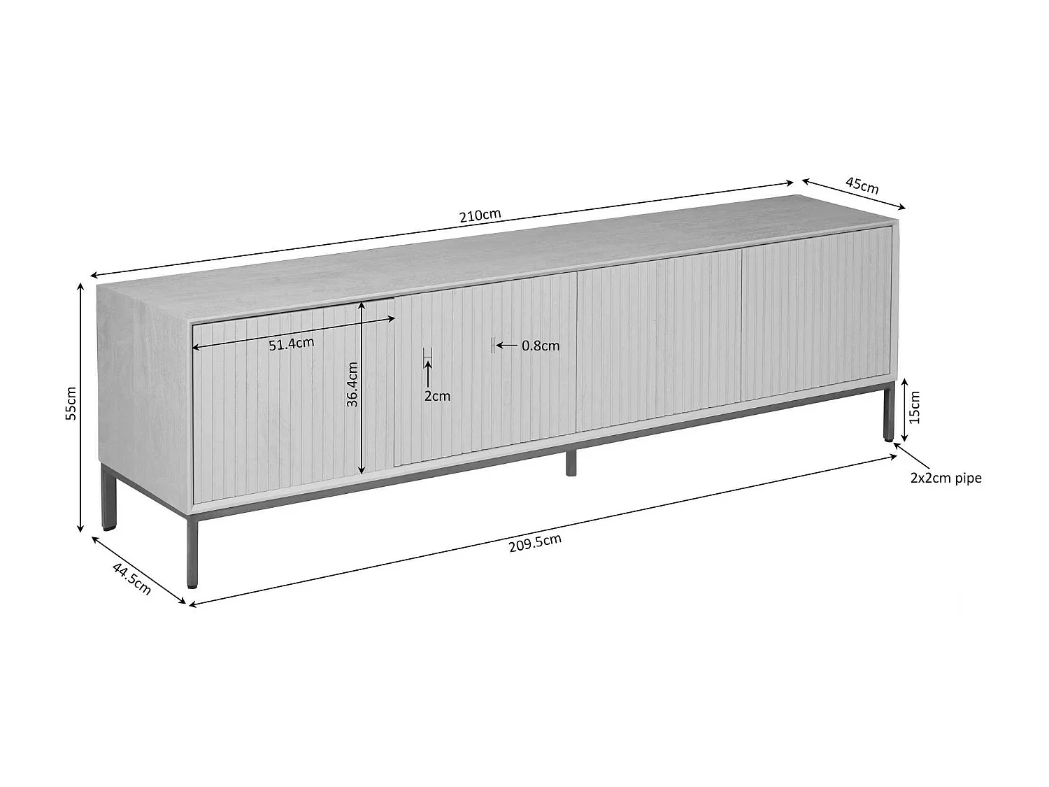 Meuble TV en bois 4 portes rainurées 210 cm CORTINA