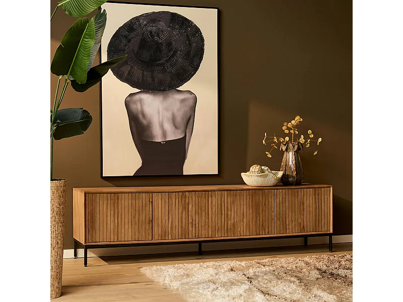 Meuble TV en bois 4 portes rainurées 210 cm CORTINA