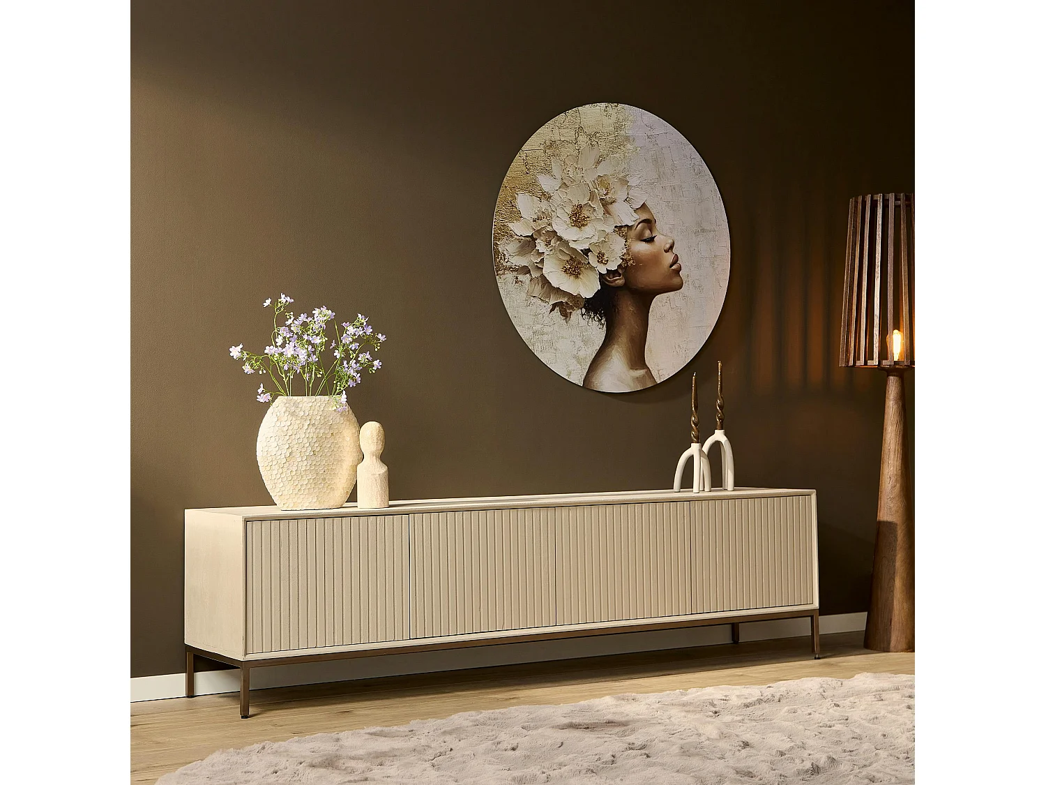 Meuble TV bois beige 4 portes rainurées 210 cm CORTINA