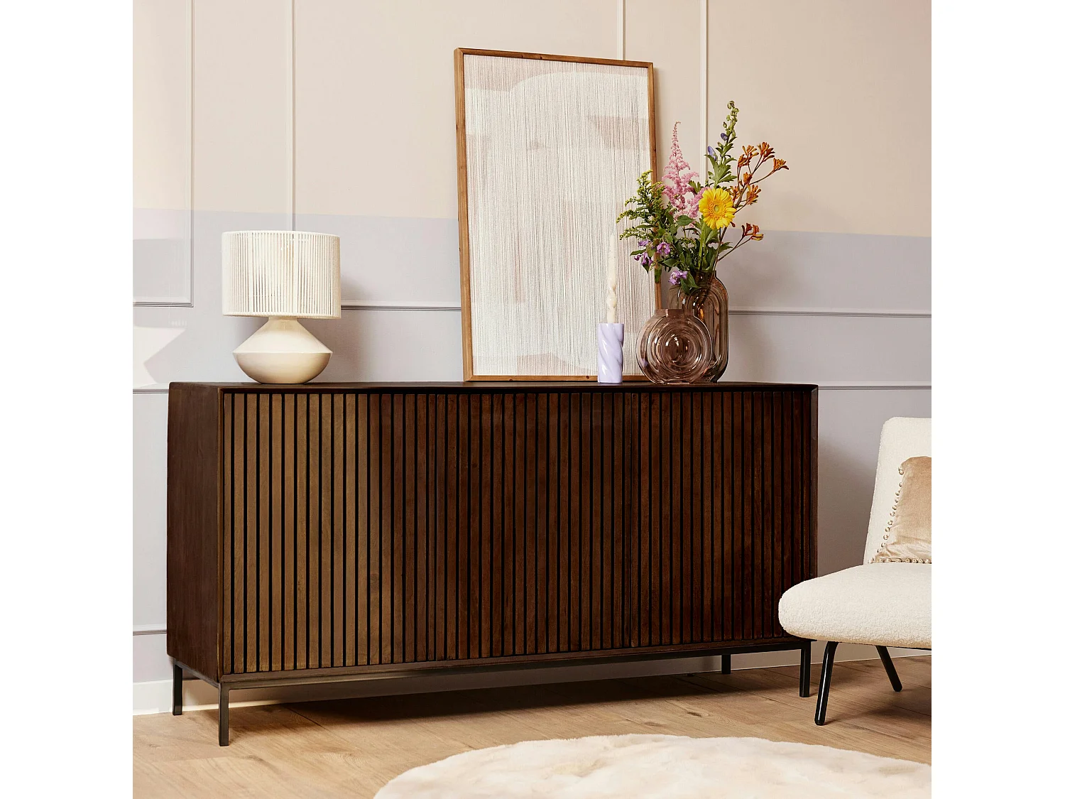 Buffet vintage bois brun 3 portes rainurées CORTINA