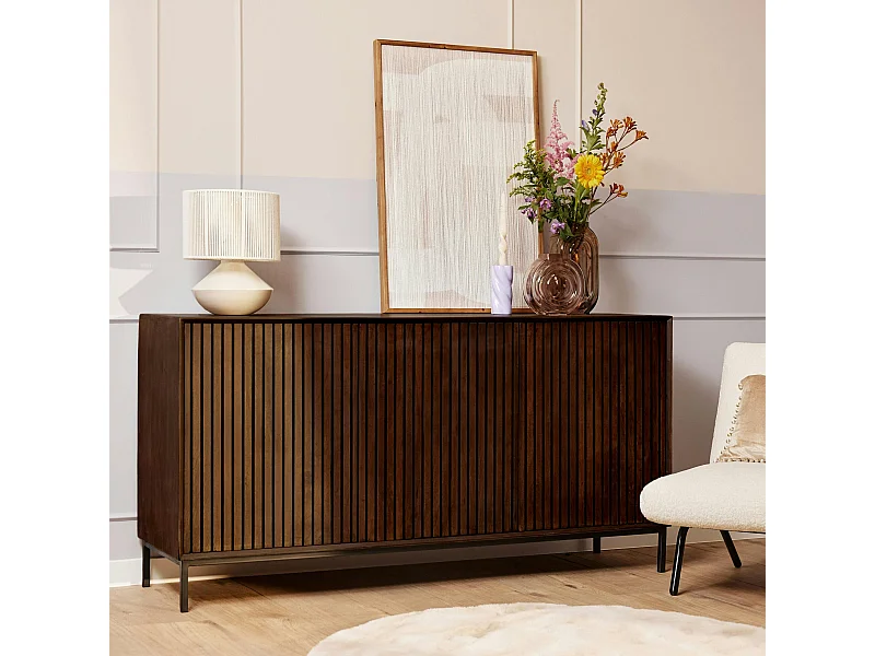 Buffet vintage bois brun 3 portes rainurées CORTINA