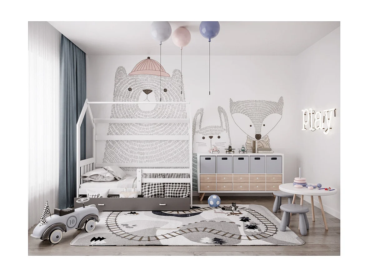 Lit cabane Plus  80 x160 cm avec sommier , matelas et tiroir Blanc - Gris foncé