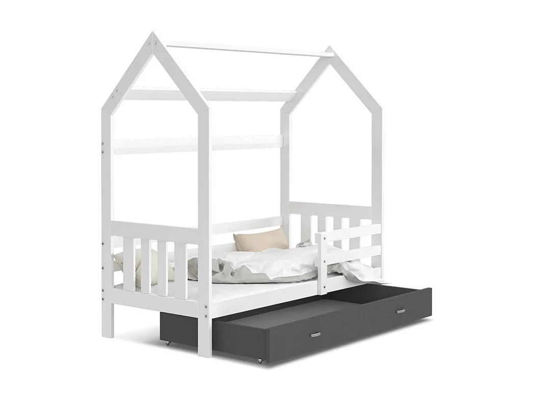 Lit cabane Plus  80 x160 cm avec sommier , matelas et tiroir Blanc - Gris foncé
