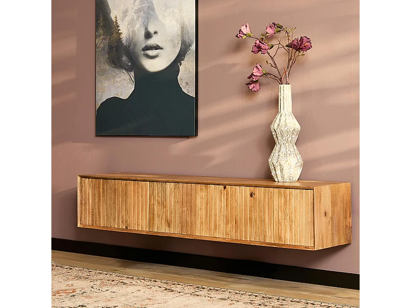 Meuble TV suspendu bois 3 portes rainurées CORTINA