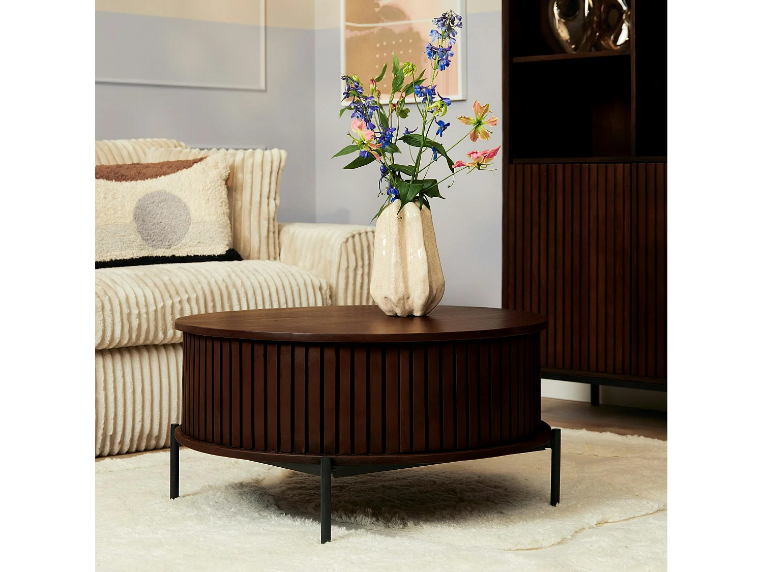 Table basse ronde vintage 2 tiroirs rainurés CORTINA