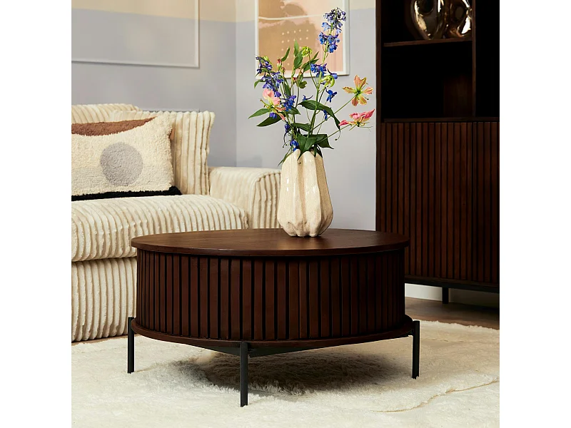 Table basse ronde vintage 2 tiroirs rainurés CORTINA